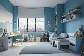 Modern childrens room, clean minimalistic interior design, light blue and white colors. Super photo realistic background, generative ai illustration.