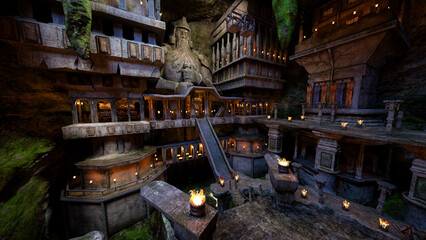 Fantasy dwarf mine in a large cave under a mountain. 3D rendering.
