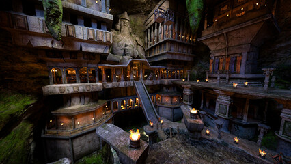 Obraz premium Fantasy dwarf mine in a large cave under a mountain. 3D rendering.