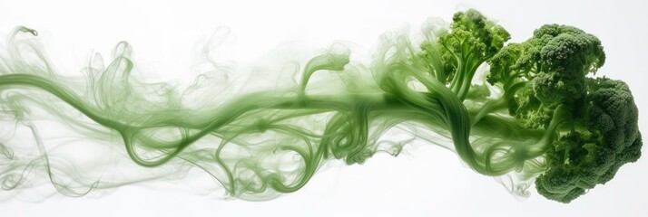 Abstrakter weißer Hintergrund Banner mit Brokkoli und zartem grünen Rauch, Generative AI - obrazy, fototapety, plakaty