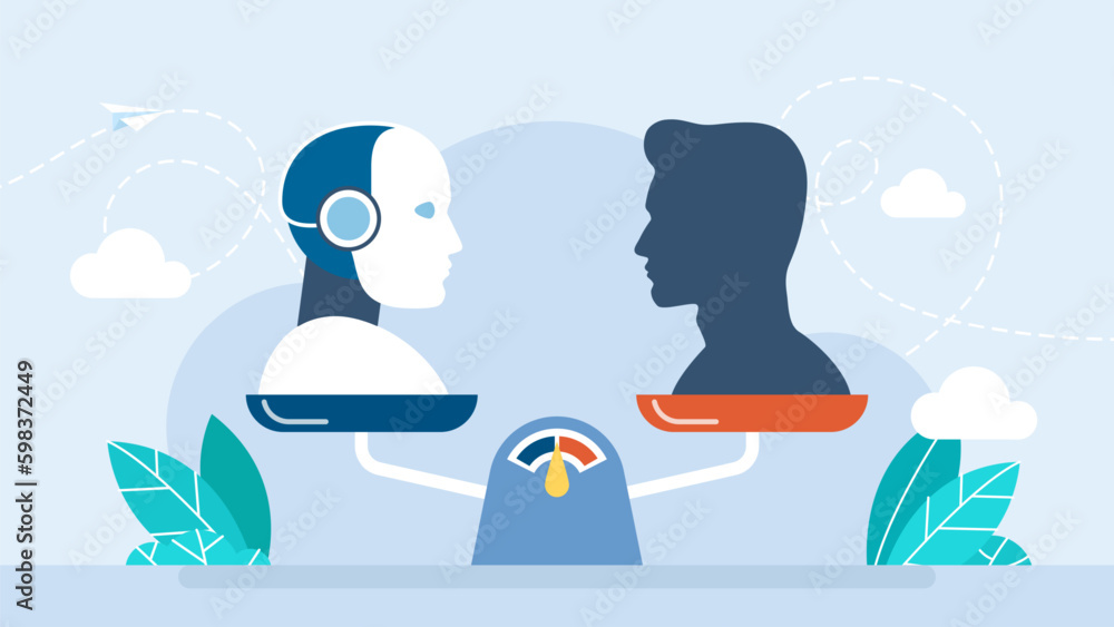 Poster robot and human on scales. artificial and natural intellects are on scientific scale balancing. bala