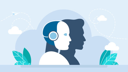 Robot and man. Machine vs human. Human brain mind head with artificial intelligence robot head concept. Artificial and natural intellects. Automation, AI, new technology concept. Vector illustration