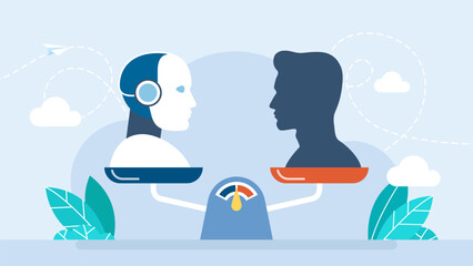 Robot and human on scales. Artificial and natural intellects are on scientific scale balancing. Balance or choice between human and artificial intelligence. Automation, AI concept. Vector illustration