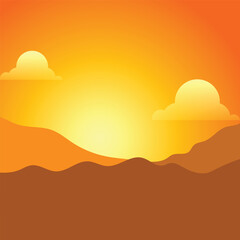Fototapeta na wymiar sunset over the mountains Desert at sunset landscape vector background, minimal cartoon flat style