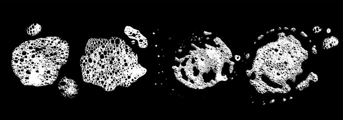 Set of soap grunge stains. Collection of foam textures. Round soap sud bubble spots and drops. Foam water. Streaks of paint. Wash texture. Liquid for cleaning. Sponge stains. Soap scum on glass.