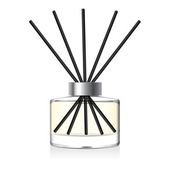 Transparent reed diffuser bottle mockup. Home fragrance with yellow liquid perfume. Round aromatic diffuser with black fiber coated sticks and silver cap. 3D vector illustration - obrazy, fototapety, plakaty