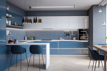 Modern kitchen, clean minimalistic interior design, light blue and white colors. Super photo realistic background, generative ai illustration.