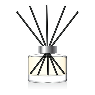 Transparent reed diffuser bottle mockup. Home fragrance with yellow liquid perfume. Round aromatic diffuser with black fiber coated sticks and silver cap. 3D vector illustration