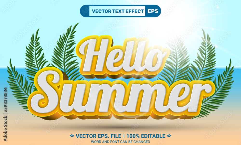 Poster hello summer 3d editable vector text effect on bright blue background with palm leaves