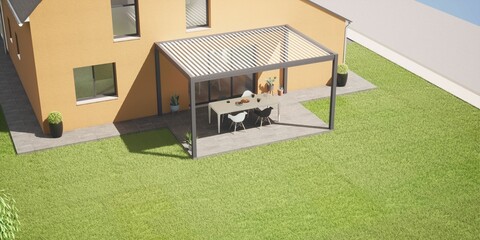 Pergola bioclimatique autoportée, à lames orientables, sur terrasse en carrelage, avec vue sur jardin verdoyant, rendu 3d - obrazy, fototapety, plakaty