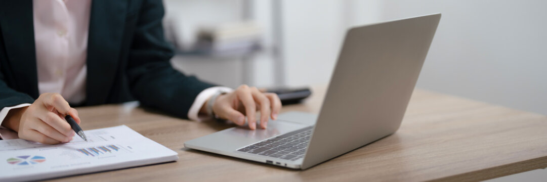 Image of woman calculate tax invoice at home, summarizing taxes, money planing..