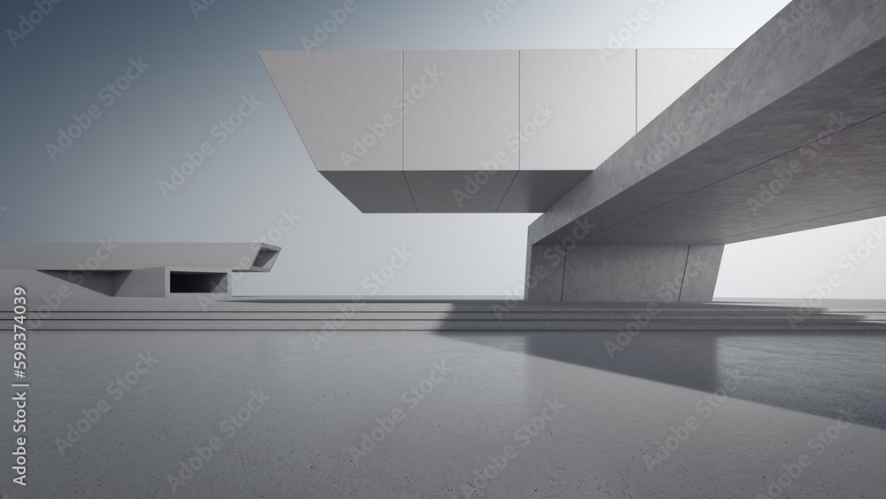 Poster abstract architecture design of modern building. empty parking area floor and concrete wall with blu