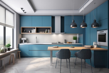 Modern kitchen, clean minimalistic interior design, light blue and white colors. Super photo realistic background, generative ai illustration.