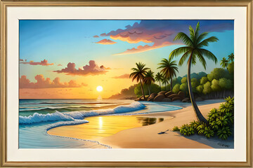 A postcard with a tropical island beach scene 