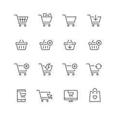 Vector line set of icons related with shopping cart and basket. Contains monochrome icons like cart, basket, bag, shopping and more. Simple outline sign. © Mykola