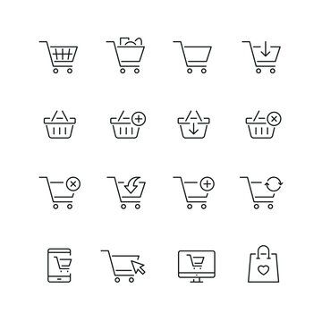 Vector line set of icons related with shopping cart and basket. Contains monochrome icons like cart, basket, bag, shopping and more. Simple outline sign.