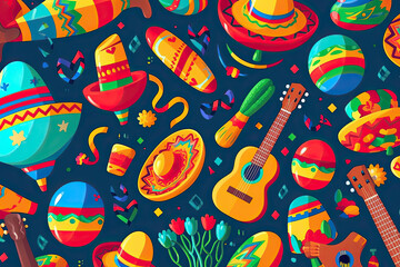 Obraz premium Colorful mexican pattern vector illustration with guitar,hat and cactus. Ai generative