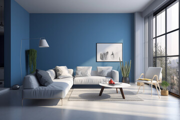 Modern living room, clean minimalistic interior design,  light blue and white colors. Super photo realistic background, generative ai illustration.