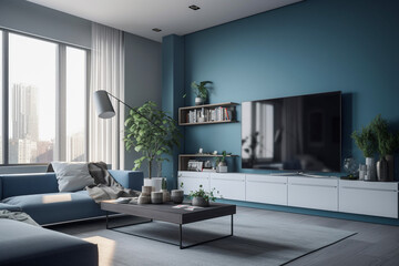 Fototapeta na wymiar Modern living room, clean minimalistic interior design, light blue and white colors. Super photo realistic background, generative ai illustration.