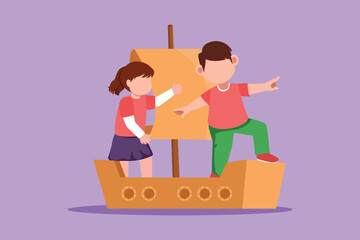 Character flat drawing of cheerful little boy and girl playing sailor with boat made of cardboard box. Creative kids character playing ship made of cardboard boxes. Cartoon design vector illustration