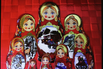 Obraz premium A beautiful set of eight Russian folk dolls, Matrioska,