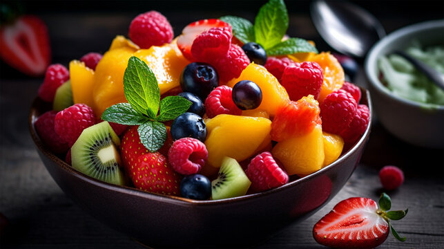 A bowl of fresh and colorful heart-shaped fruit salad , Generative AI