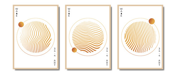 Set of minimalistic vector pictures. Wave visual art, industrial japanese style, posters with golden waves, minimalistic, circle and place for text. For decor, print, wall decoration, posters.