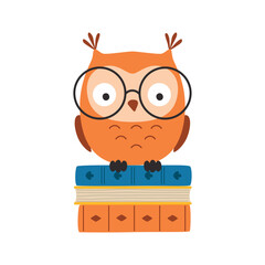 Wise owl in glasses, sitting on pile of books