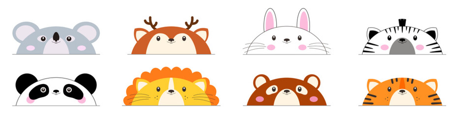 Funny little animals peeking out. Koala, deer, rabbit, zebra, panda, lion, bear, tiger. Animals set collection