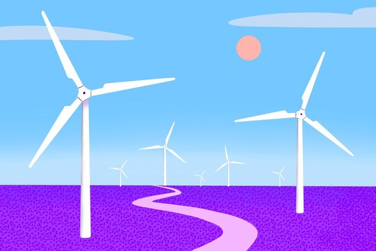 Wind turbines in the fields. Conceptual Illustration of a Landscape Environnement. Ecology and Sustainability.