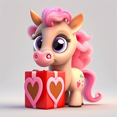 Super Cute Cartoon pony with Gift Box. Generative AI