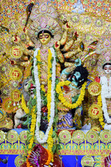 Goddess Durga with traditional look in close up view at a South Kolkata Durga Puja, Durga Puja...