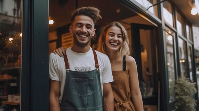 Proud Young Adult Couple At The Entrance of Their New Bakery Shop In Europe - Generative AI.