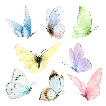 Watercolor vector set of bright hand-painted butterflies. Design for the decoration of postcards, invitations, greeting cards, birthday, souvenirs, weddings.
