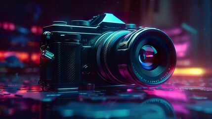 Plakat graphic of a camera synthwave 80s (ai generate)