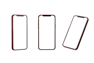 Isolated telephone in different positions on a transparent background with a white blank display. Technology concept, using phone to communicate content.