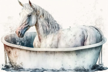 horse sitting in bathtub in aquarelle style, ai generated