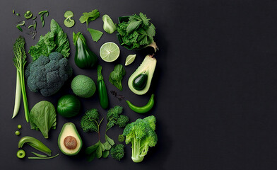 Green vegetables flat lay illustration. Avocado, cabbage and salad greenery food copy space banner illustration, generative Ai
