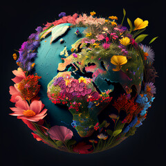Planet in flowers Go Green Planet Concept. Green World Eco illustration. Earth Day or Save the Environment day Concept. Ai generated