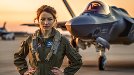 Proud Young Adult Female Air Force Fighter Pilot In Front of Her Lockheed Martin F-35 Lightning II Combat Aircraft on the Tarmac - Generative AI.