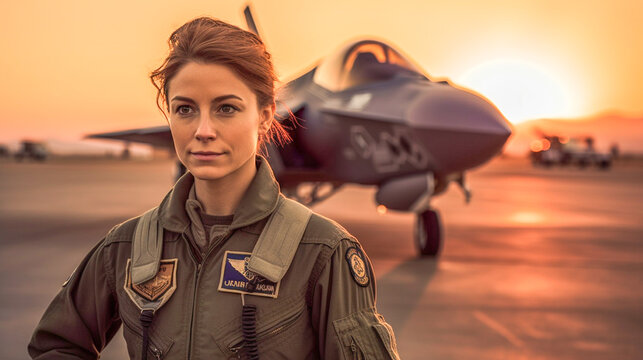 Proud Young Adult Female Air Force Fighter Pilot In Front of Her Lockheed Martin F-35 Lightning II Combat Aircraft on the Tarmac - Generative AI.