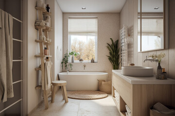 Cute modern bathroom, boho design interior style. Beige light colors. Super photo realistic background, generative ai