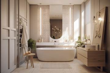 Cute modern bathroom, boho design interior style. Beige light colors. Super photo realistic background, generative ai