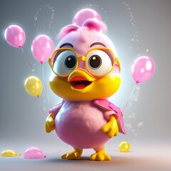 Super yellow cute smiling baby duck with balloons, wearing glasses on solid background. Generative AI