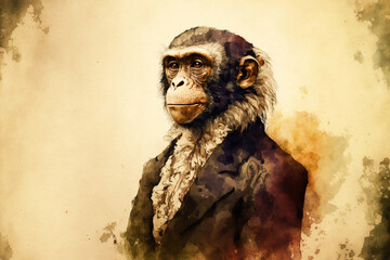 portrait of monkey in a suit in aquarelle style, ai generated