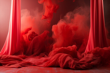 red curtain and Red smoke bomb backdrop - obrazy, fototapety, plakaty