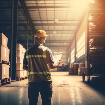 Worker checking the merchandise in a warehouse with a tablet. Logistics. Generative AI.