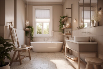 Naklejka na ściany i meble Cute modern bathroom, boho design interior style. Beige light colors. Super photo realistic background, generative ai