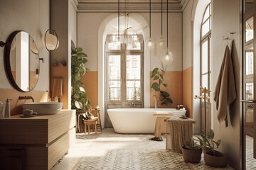 Cute modern bathroom, boho design interior style. Beige light colors. Super photo realistic background, generative ai