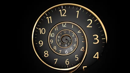 Küchenrückwand glas motiv Infinity time. Golden old fashion clock with numerals Abstract time spiral effect. Digital generated An image of a nice spiral watch on a dark background. The concept of time. © suppa